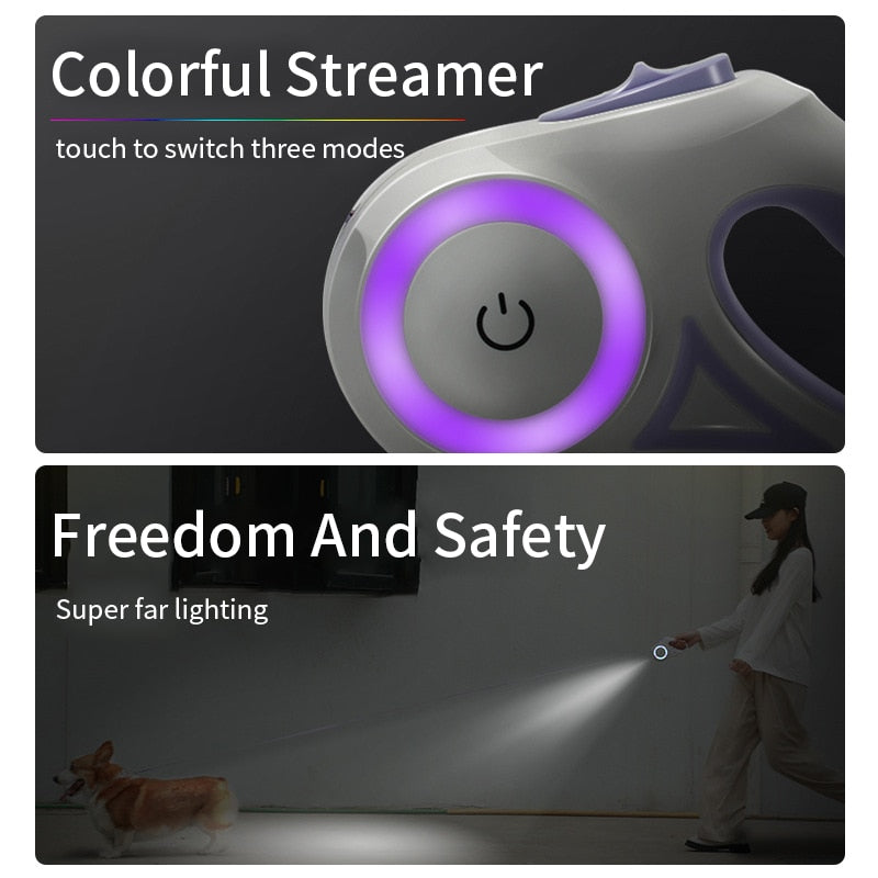 LED Retractable Dog Leash — RGB Light for Safe Night Walks